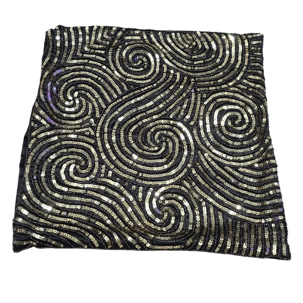 Artistic Accents Gold Sequin Swirl Beaded Black Pillow Cover 16x16 Square Zipper